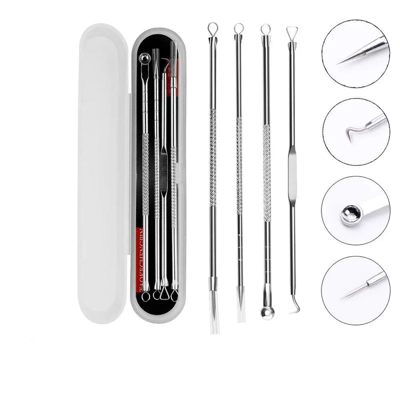 Kit 4 Utensílios Para Remoção de Espinhas e Cravos em Aço Inoxidável - (FDO)